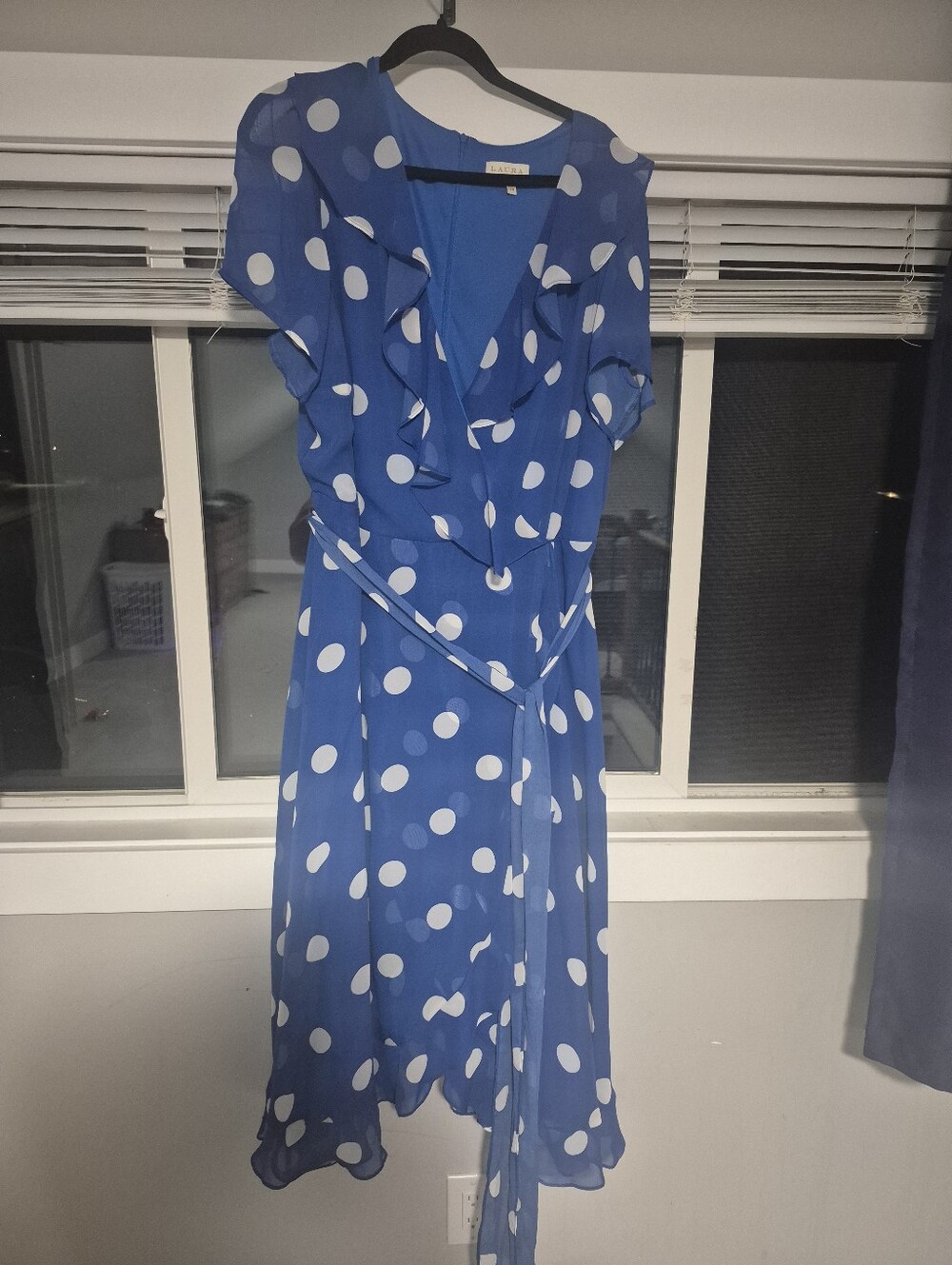 Classic Blue Polka Dot Wrap Midi Dress